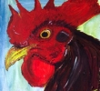 Rooster painting by Sybil Fix, oil on wood board