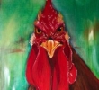 Rooster painting by Sybil Fix, oil on wood board, 27 x 20 circa