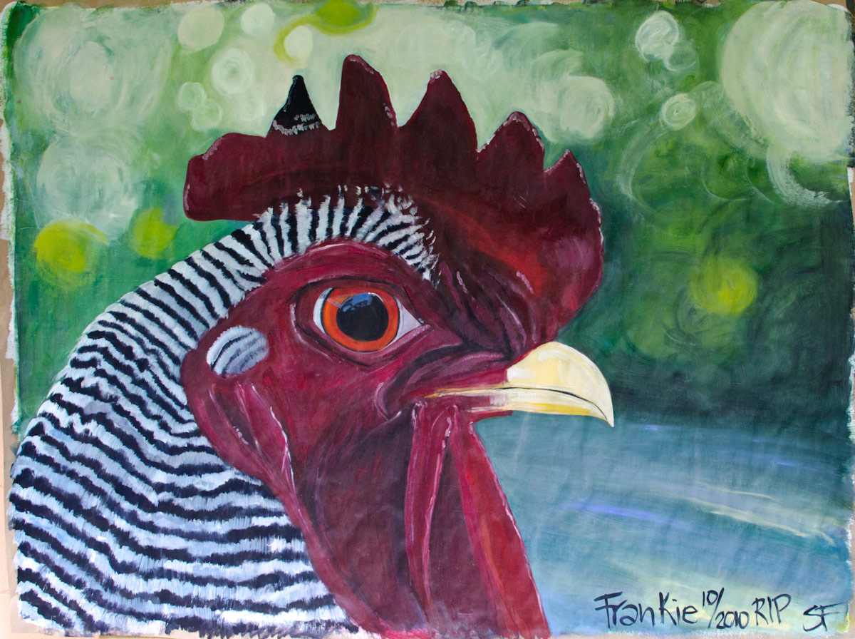 painting of a chicken named Frankie by Sybil Fix